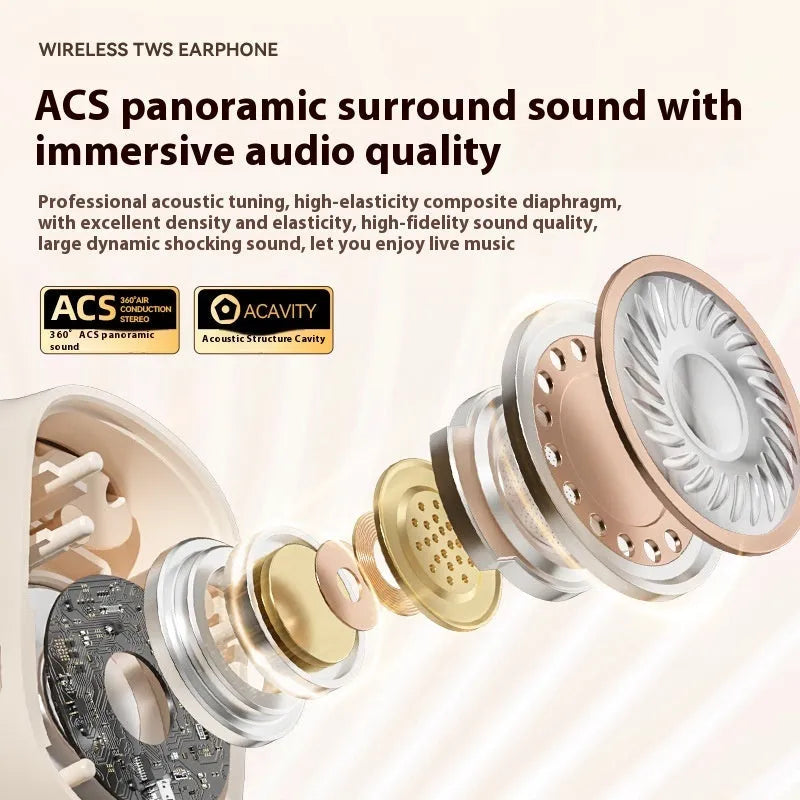 Creative design ear-mounted wireless headphones with a digital display screen on the earpiece.