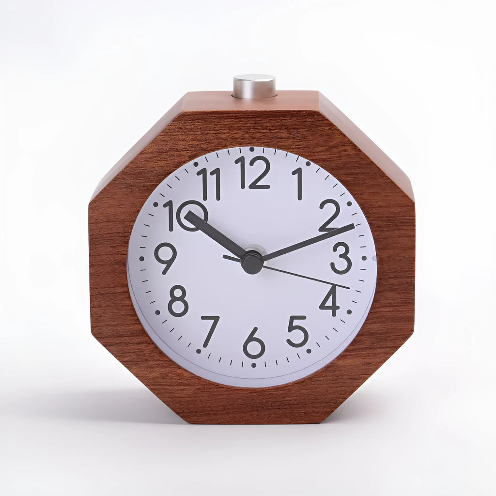 Polygonal beech wood alarm clock with luminous display, brown white finish, compact 9.5cm size