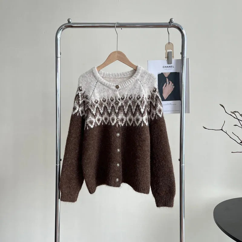 Women's loose fit contrast jacquard sweater coat in milky white, shown front view