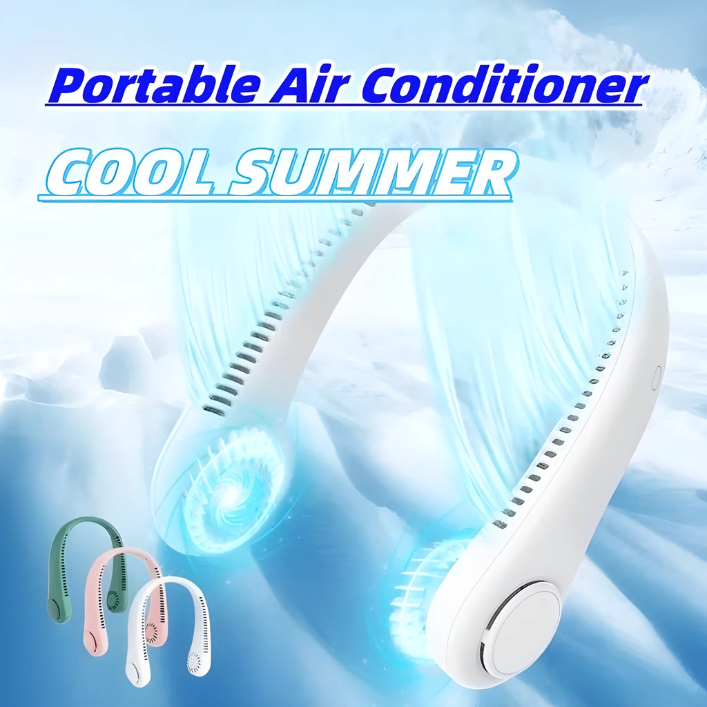 White bladeless neck fan hanging around neck showing hands-free portable cooling design