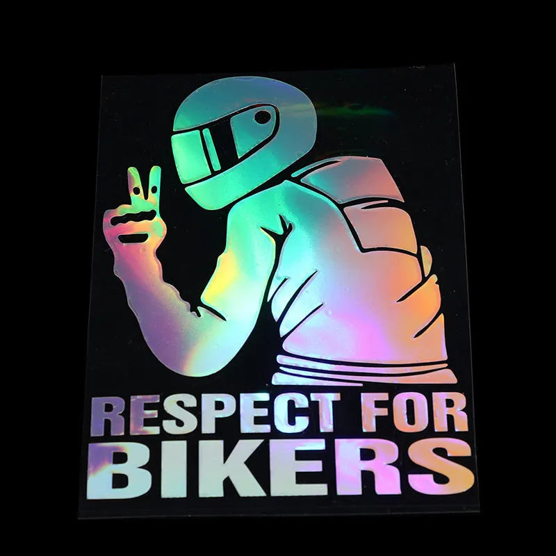 Respect For Bikers 15x11cm car sticker in reflective silver, black, red, yellow, laser, and 3D carbon fibre finishes.