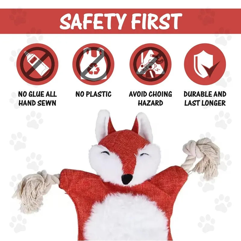 Set of six assorted plush squeaky dog toys in animal shapes including fox, koala, monkey, rabbit, squirrel, and tiger