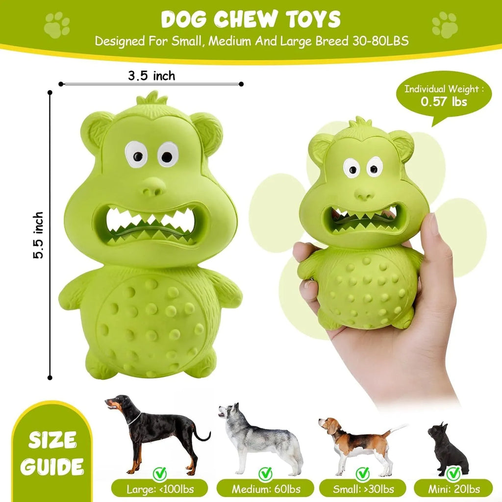 Green and yellow natural rubber dog chew toy with squeaker for large breed dogs