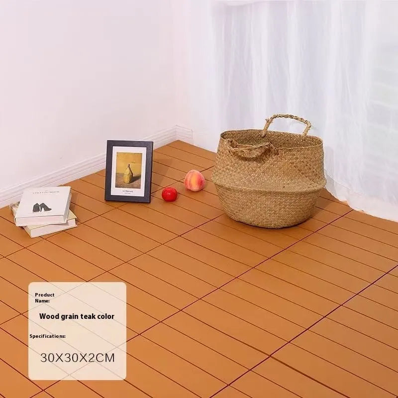 Pack of 10 wood grain patterned plastic floor tiles showing non-slip surface and splicing edges.