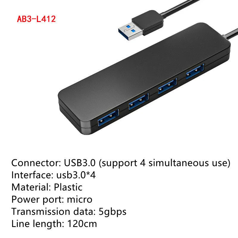 Black USB 3.0 hub with four ports, a 30cm cable, and LED indicator lights.
