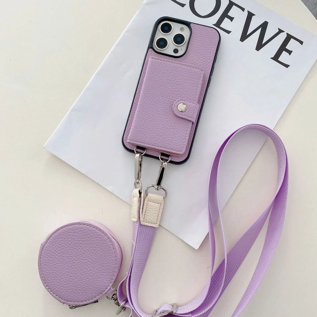 PC leather iPhone case with a card slot on the back and a lanyard loop, shown in multiple colours.