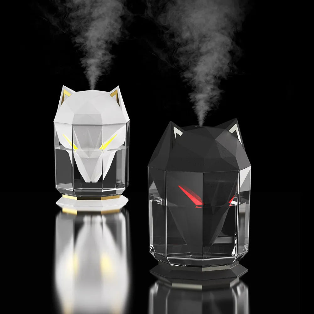 Black and white desktop humidifier with colourful lights and USB cable