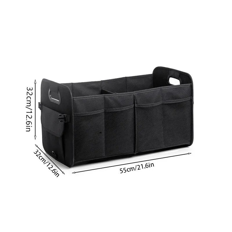 Foldable multi-compartment car boot storage box in black fabric with handle