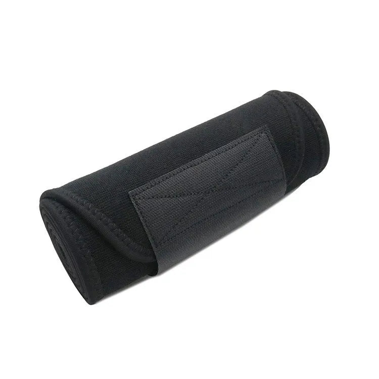 Adjustable neoprene fitness lumbar support belt in black, shown wrapped.
