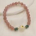 Women's New Chinese style bracelet with strawberry quartz, blue water emerald jade pendant, and electroplated metal elements