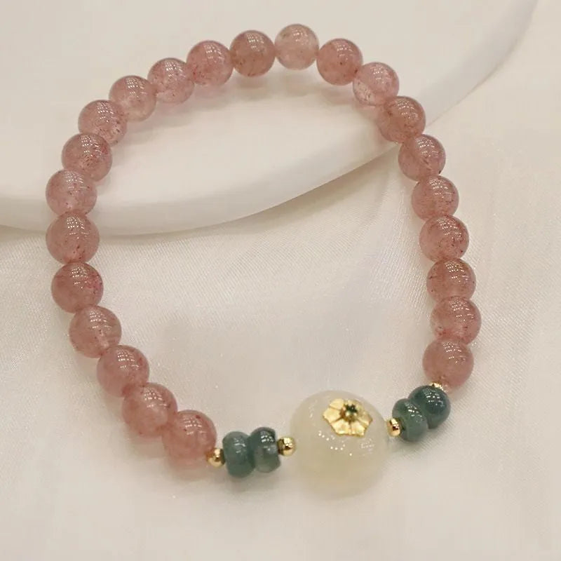 Women's New Chinese style bracelet with strawberry quartz, blue water emerald jade pendant, and electroplated metal elements