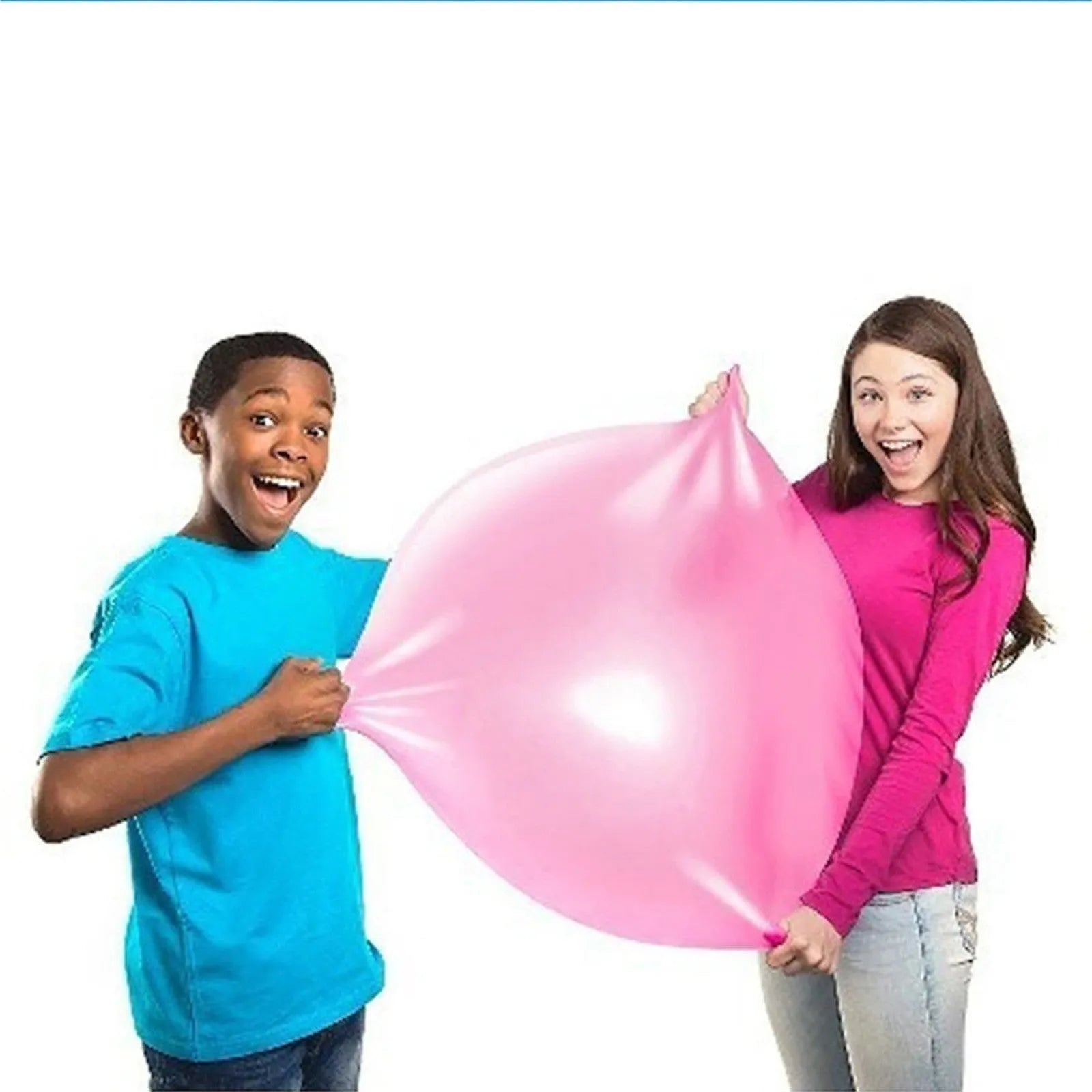 Assortment of large pink, yellow, green, and blue inflatable bubble balls in various sizes.
