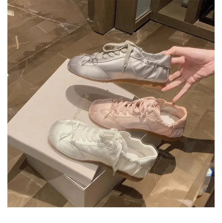 Women's satin ballet flat shoes with round toe and front lace-up in three colour options