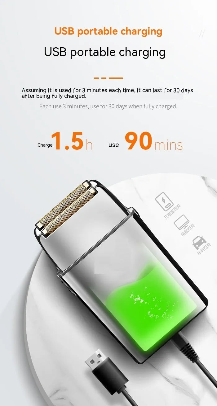 Silver USB rechargeable electric reciprocating shaver with cleaning brush and USB cable