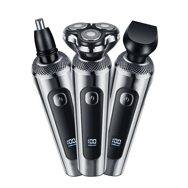 USB rechargeable beard trimmer with digital display and washable head on a five-in-one base.