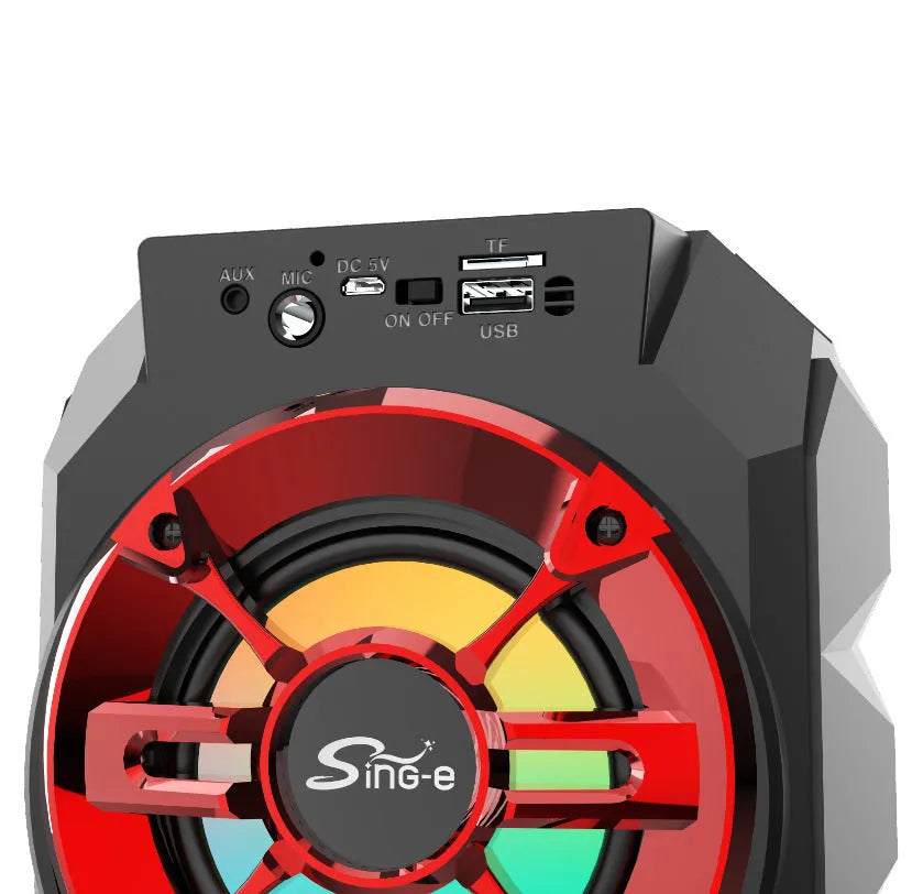 Portable Bluetooth speaker with colour LED lights in blue colour option showing control buttons
