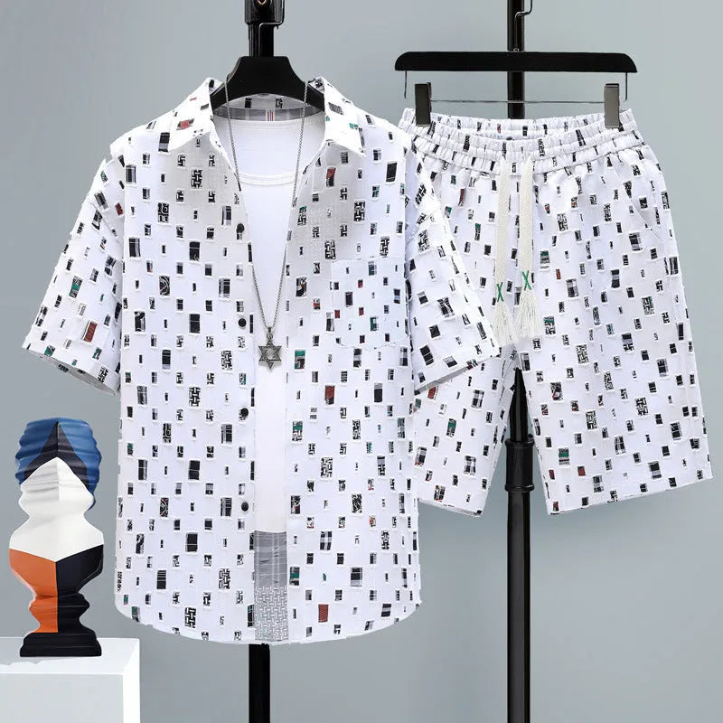 Men's casual sports shorts two-piece set in lightweight polyester, showing short sleeve top and matching shorts.