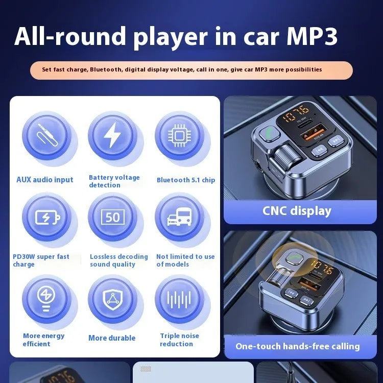 Black car Bluetooth receiver with LED display showing connection status and dual USB ports for fast charging