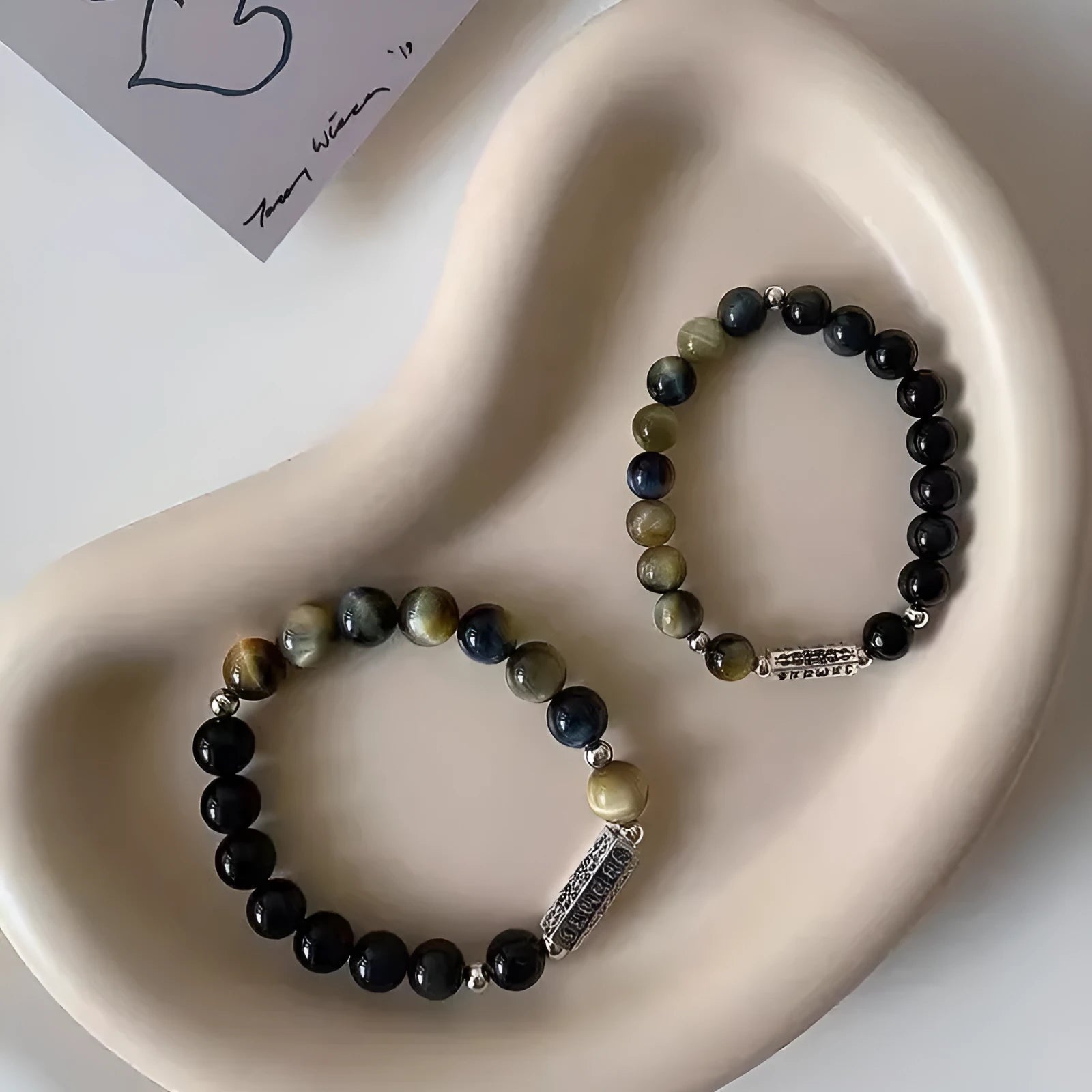 Tigereye Obsidian S925 Sterling Silver Six Words Mantra couple bracelet set in Chinese geometric style
