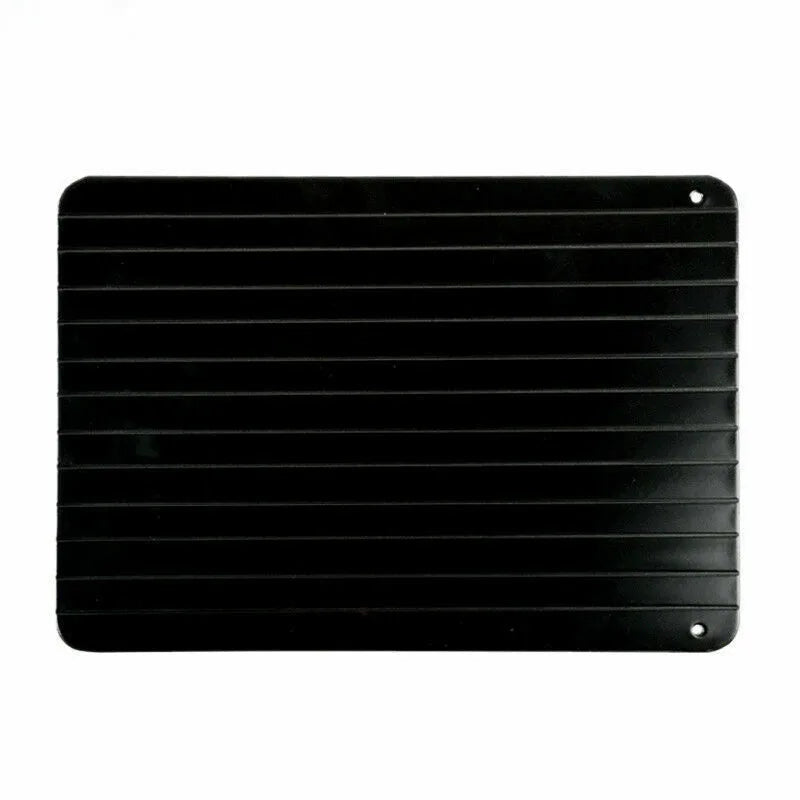 Black rectangular aluminium fast defrost tray for thawing frozen meat and food