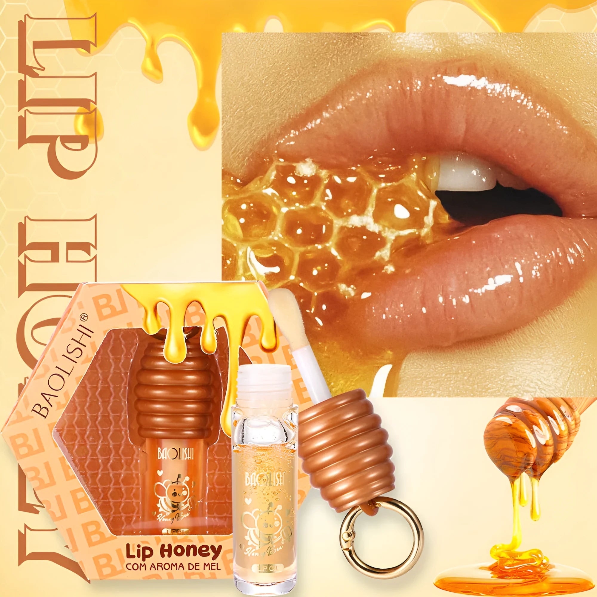 Honey lip gloss with keychain attachment in portable packaging