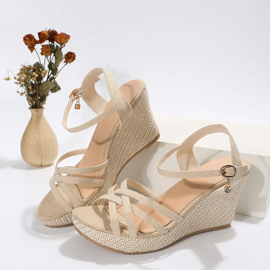 Women's wedge sandals with fish mouth toe and cloth upper in black and beige