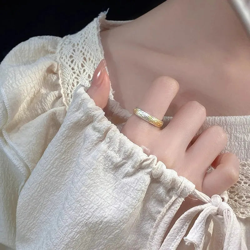 White copper geometric ring with xiangyun pattern and silver gold electroplating, open mouth adjustable design