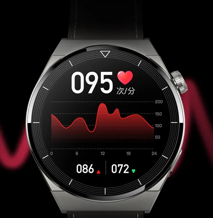Black Bluetooth smart watch with round display and silicone wristband showing call and NFC functions