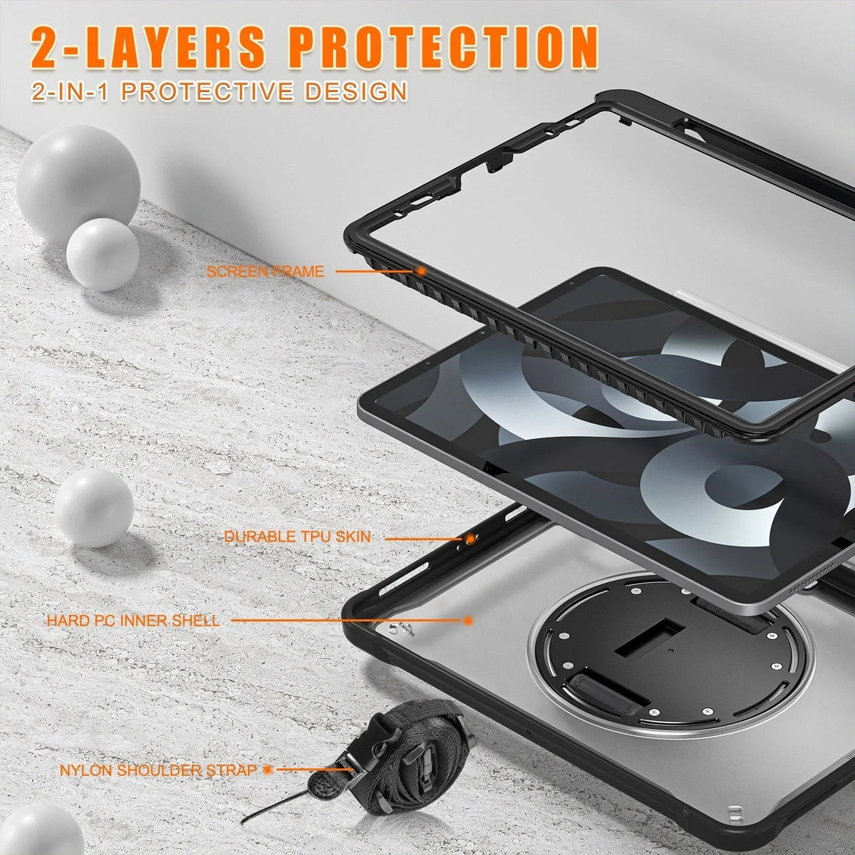 iPad Mini 6 tablet case with rotating bracket in black, showing all-inclusive protective cover and shoulder strap