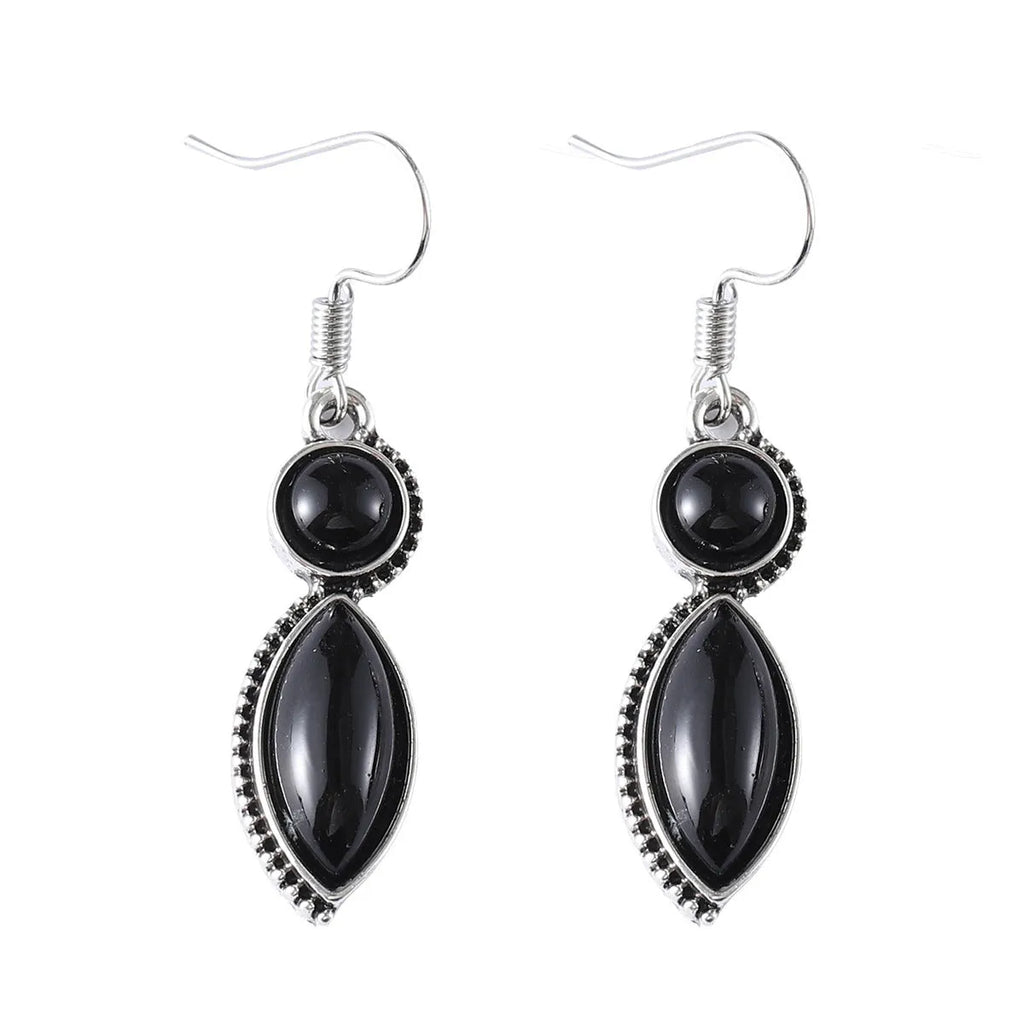 A pair of vintage-style geometric earrings with a black and purple electroplated finish on a zinc alloy base.