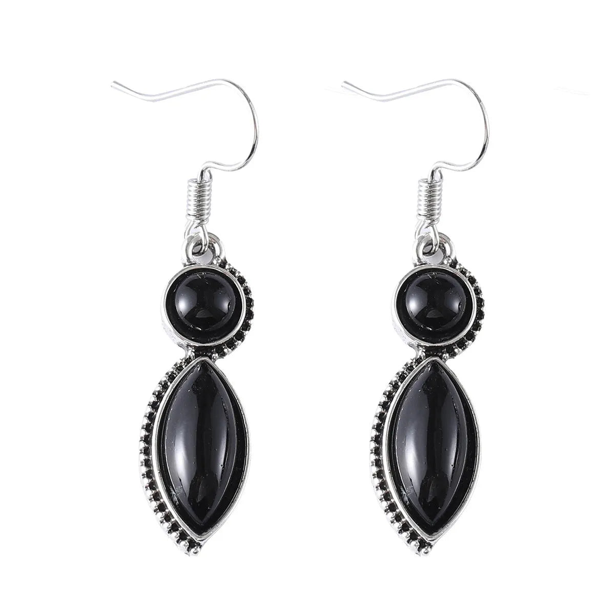 A pair of vintage-style geometric earrings with a black and purple electroplated finish on a zinc alloy base.