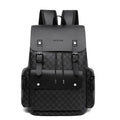 Men's plaid backpack in black and brown PU with curved shoulder straps for commute and business travel