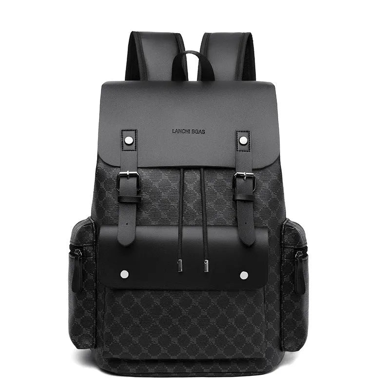 Men's plaid backpack in black and brown PU with curved shoulder straps for commute and business travel