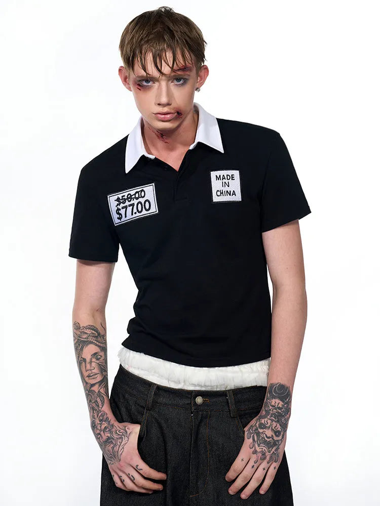 Black men's slim fit summer polo shirt with embroidery detail and short sleeves