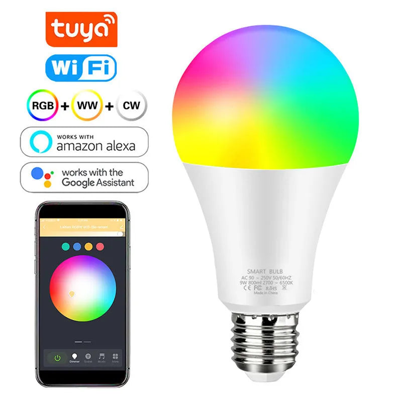 WiFi smart bulb A60 with Tuya Smart RGBCW colour tone, 9W/12W, B22 E26 E27 base, IP65, 850lm, 60mm diameter