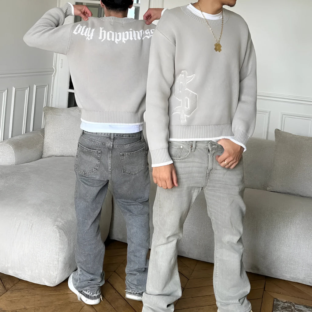 Grey jacquard loose-fitting knitwear coat with long sleeves for autumn winter wear