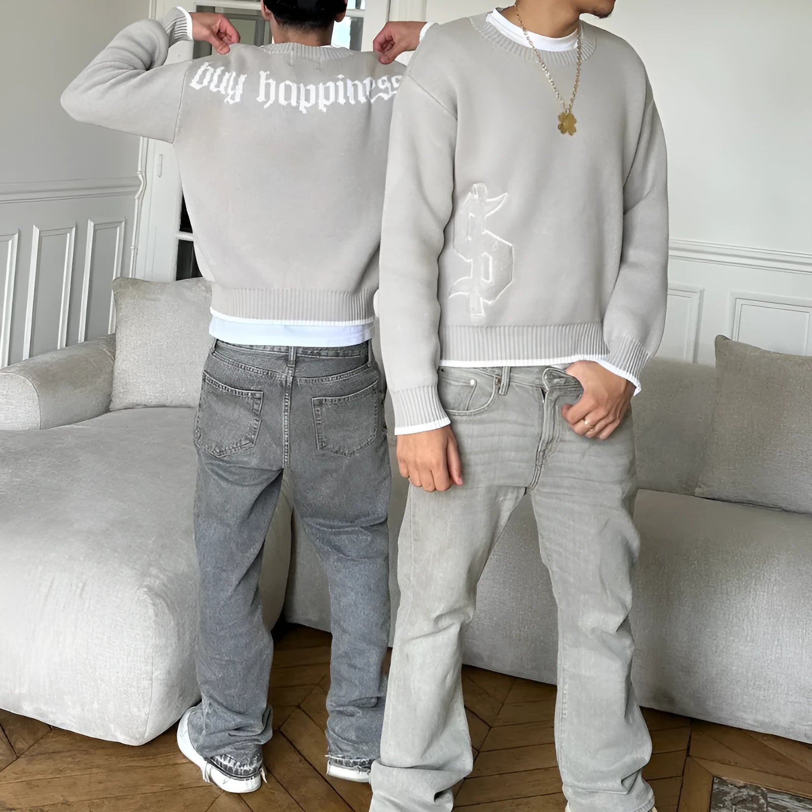 Grey jacquard loose-fitting knitwear coat with long sleeves for autumn winter wear