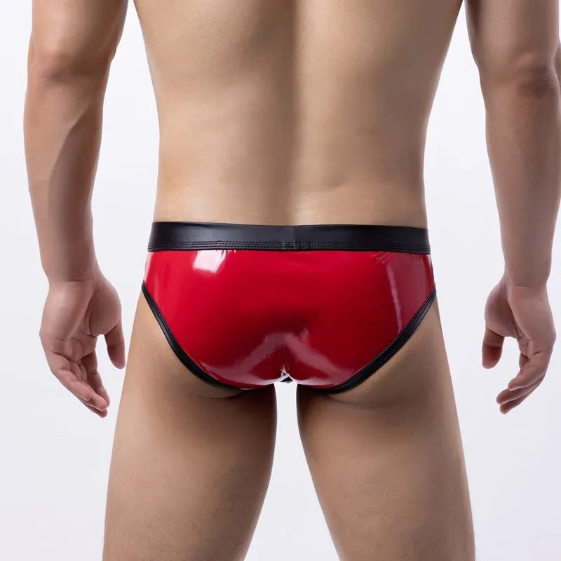 Men's gold metallic low-waist bikini swim briefs on a white background