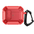 Two-colour plastic clamshell protective case for Apple AirPods with attachment hook.