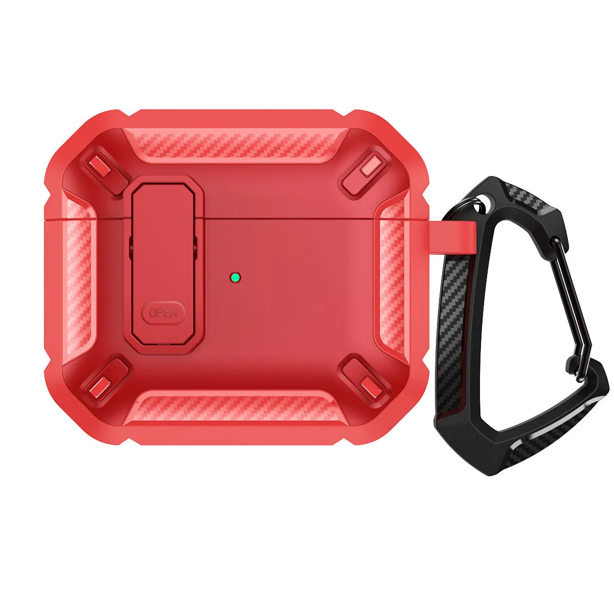 Two-colour plastic clamshell protective case for Apple AirPods with attachment hook.