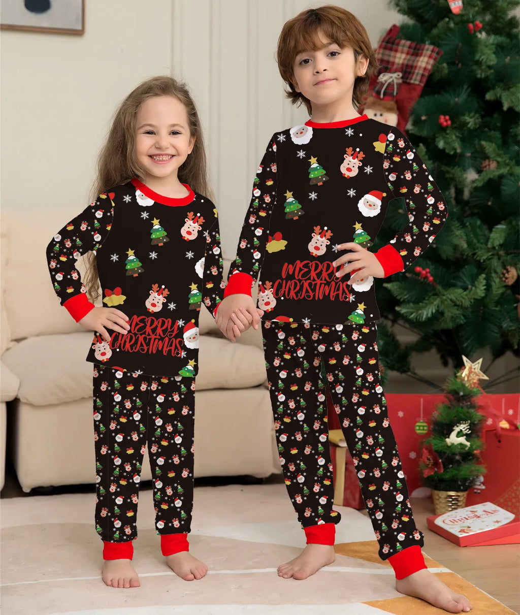 Family Christmas matching pajamas set in cotton plaid print showing coordinated adult, child and pet sizes