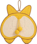 Yellow rectangular sisal cat scratching pad with Corgi butt design on a white background