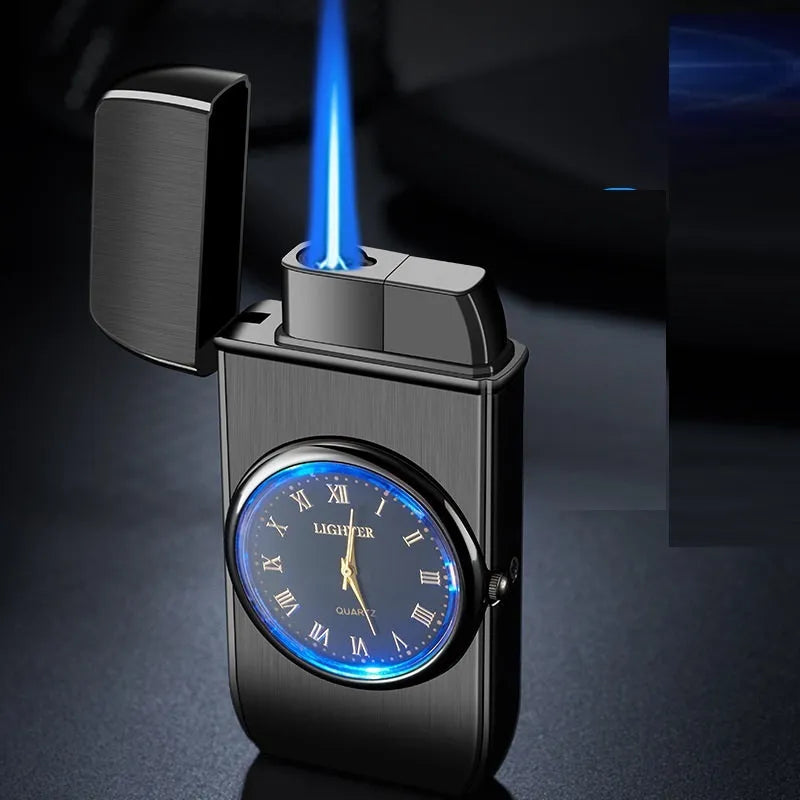 Multifunctional metal watch lighter with LED lamp in black brushed finish
