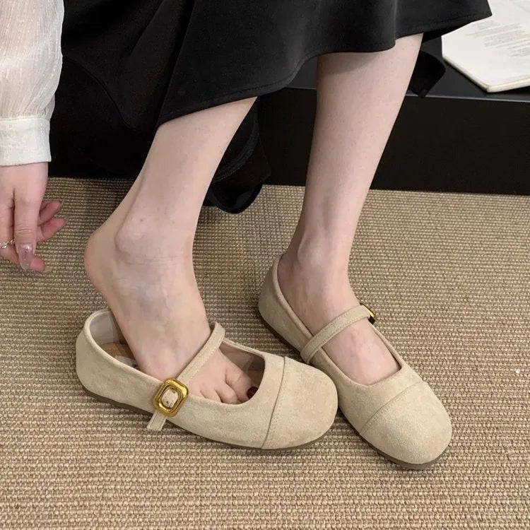 Low-cut canvas Mary Jane flat shoes with vintage suede finish in apricot