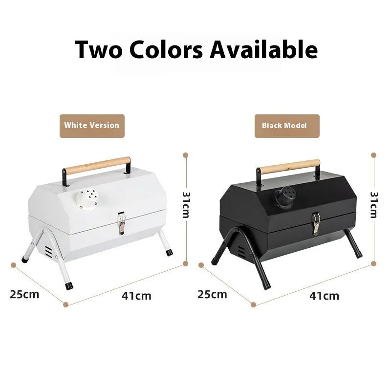 White portable folding charcoal grill with detachable oven net and carbon tank.
