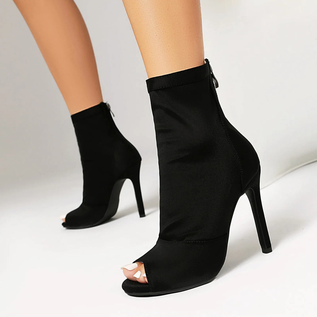 Women's stiletto boots with fishmouth toe in black, rubber sole, 11cm heel height