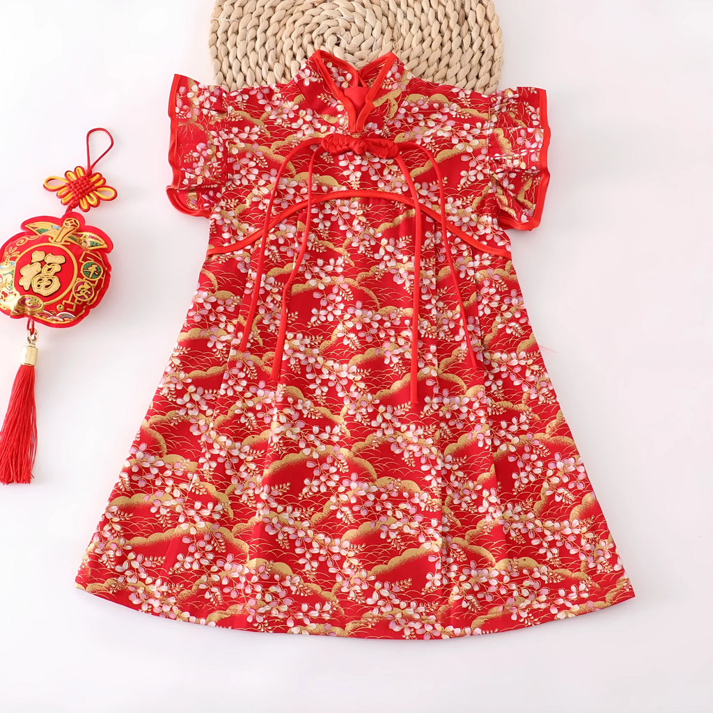 Girls Chinese style cotton dress with small floral splicing, available in red and other colours, heights 80cm to 150cm