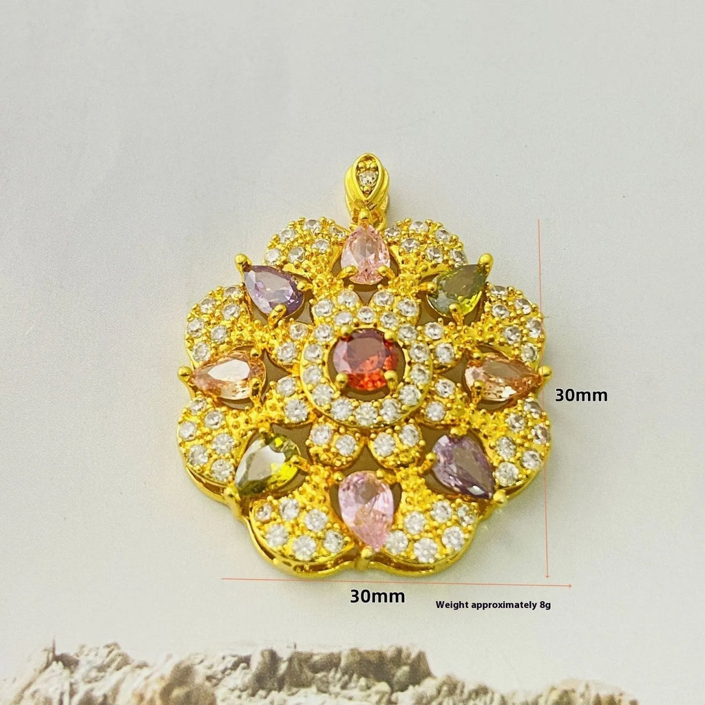 Close-up of a women's floral-shaped colourful zircon pendant necklace in a gold metal setting.