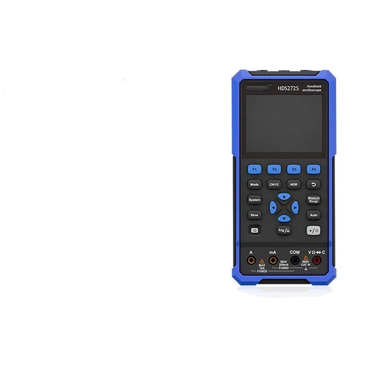 Owon HDS272 handheld digital oscilloscope with probe pen and accessories on workbench