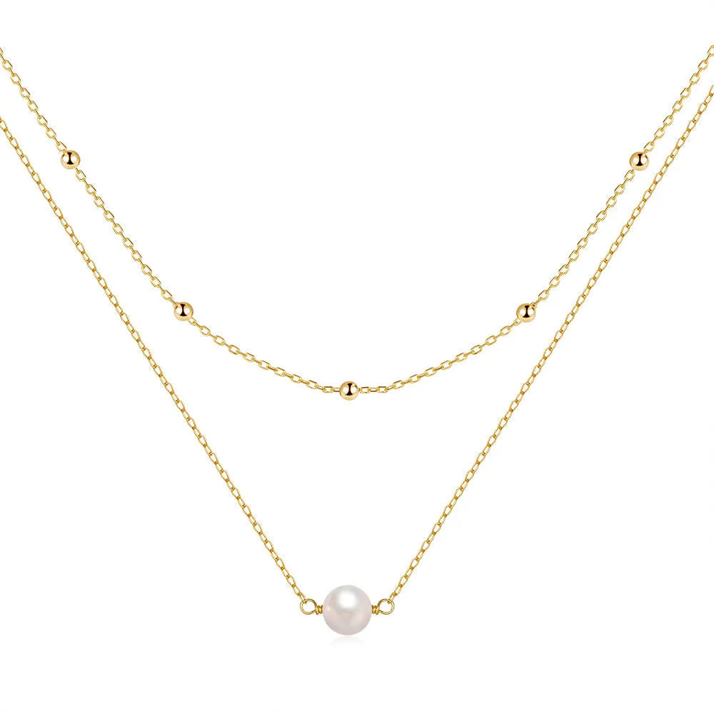 S925 sterling silver double layer pearl necklace with twin accents in gold plating